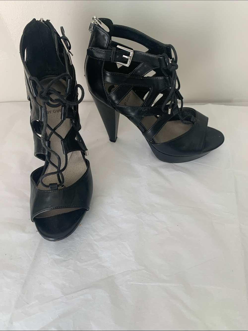 G by Guess Black Lace-Up Cutout Platform Heels